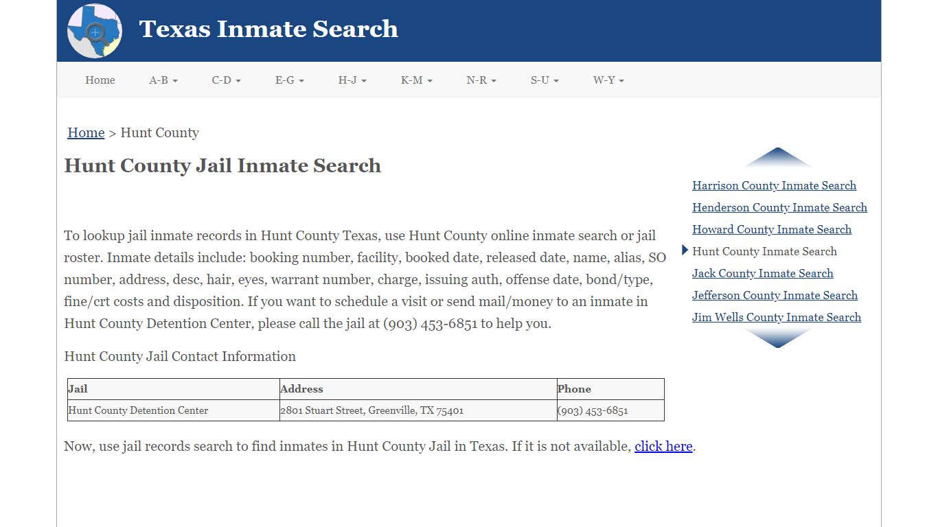 Hunt County TX Jail Inmate Search