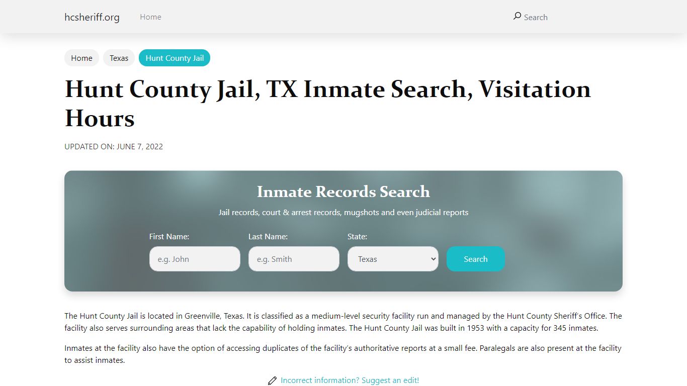 Hunt County Jail, TX Inmate Search, Visitation Hours